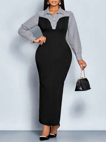 Abito Midi da Donna Taglie Forti Elegante a Righe con Colletto a Camicia Manica Lunga Finto Due Pezzi Patchwork Abito Office