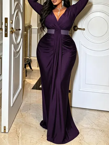 Women Plus Size Elegant V Neck Solid Color Long Sleeve Belted Ruched Maxi Dress Autumn Fashion Commute Party Clothing