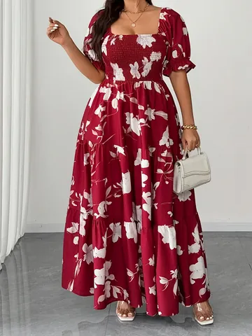 Abito Midi da Donna Taglie Forti con Stampa Floreale Scollo Quadrato Punto Smock Maniche a Sbuffo a Balze per Vacanza
