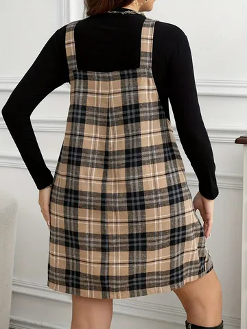 Vestido Pichi de Cuadros Talla Grande Mujer Cuello Cuadrado Vestido Corto Elegante Línea A sin Mangas Otoño