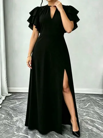 Women Plus Size V Neck Ruffle Sleeve Maxi Dress Elegant Solid Color High Slit Summer Vacation Party Long Dress