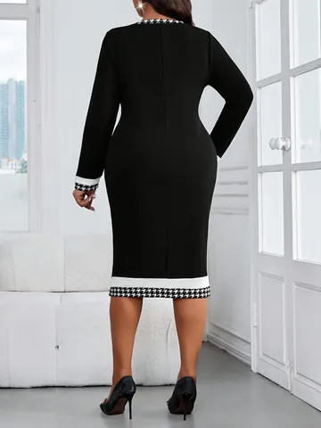Women Plus Size Midi Dress Elegant Houndstooth Patchwork Bow Tie Neck Slim Fit Long Sleeve Black Bodycon Office Dress