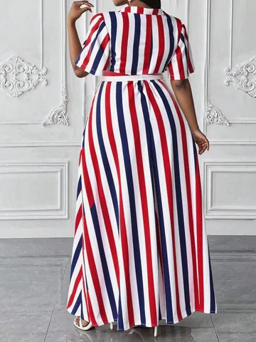 Women Plus Size Striped Print Polo Collar Short Sleeve Maxi Dress With Waist Tie Button Elegant Summer Vacation Beach Long Dress