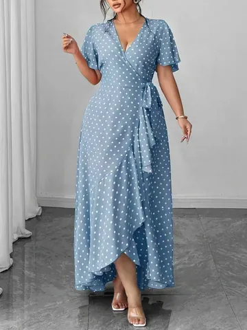 Women Plus Size Polka Dot V-neck Wrap Midi Dress With Tie Waist Ruffle Hem Short Sleeve Polyester Summer Vacation Dress