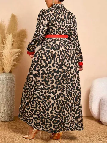 Women Plus Size Leopard Print Polo Neck Midi Dress With Red Patchwork Long Sleeve Elegant Waist Tie Belt Autumn Fashion Dress