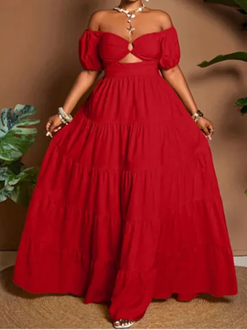 Vestito Midi a Balze da Donna Taglie Forti Spalle Scoperte Elegante Intaglio Manica a Sbuffo Tinta Unita Vacanze Estive