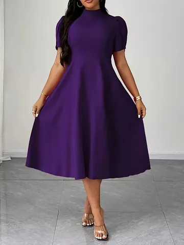 Damen Plus Size Elegantes Kleid Mit Stehkragen Kurzarm Midi A-Linie Einfarbig Sommer Casual Polyester Pendlerkleid