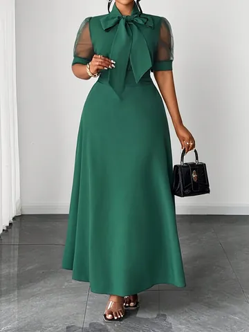 Women Plus Size Elegant Polyester Maxi Dress Mesh Patchwork Bow Tie Neck A-Line Solid Color Summer Vacation Commute Party Dress