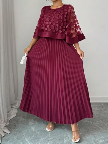 Dames Grote Maten Elegante Gaas Cape Patchwork Midi Jurk 3D Floral Geplooid A-lijn Feest Bruiloft Zomerjurk