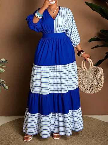 Plus Size Women Color Block Striped Maxi Dress V Neck Half Sleeve Tiered Ruffle Hem Patchwork A-Line Summer Vacation Long Dress