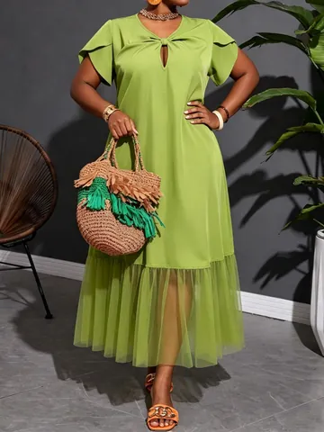 Women Plus Size Midi Dress Mesh Hem Stitching V Neck Tie Short Sleeve Solid Color Summer Fashion Vacation Dress