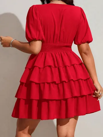 Women Plus Size V Neck Short Puff Sleeve Tiered Mini Dress Summer Casual Solid Color Smocked Waist Ruffle Tiered Cake Dress