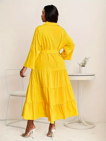 Women Plus Size Polo Collar Solid Color Long Sleeve Midi Dress Elegant Tiered Hem A-Line Dress With Belt For Casual Party