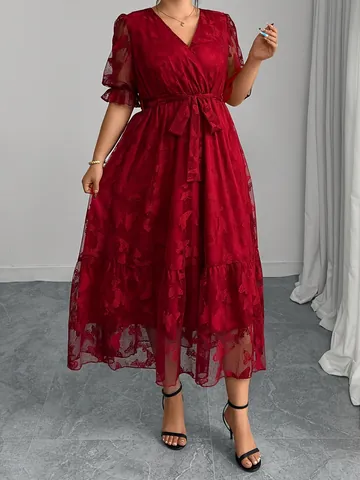 Damen Plus Size V-Ausschnitt Spitze Midikleid Elegant Schmetterlingsmuster Flatterärmel A-Linie Partykleid Sommer Casual