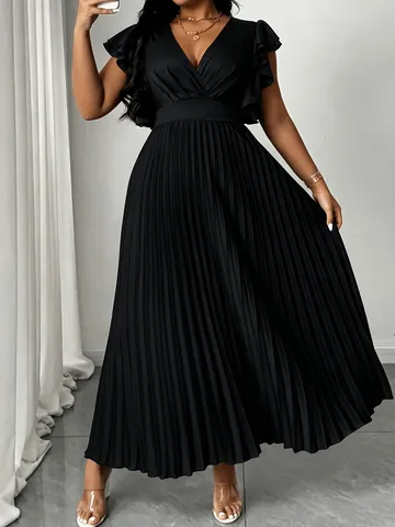 Abito Midi Pieghettato con Scollo a V e Maniche a Volant da Donna Taglie Forti Estate Elegante Tinta Unita Vita Alta Linea A