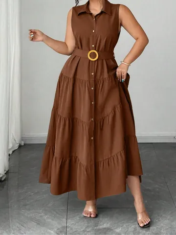 Abito Midi da Donna Taglie Forti Senza Maniche Tinta Unita Colletto Polo Gonna a Balze Con Cintura Elegante Prendisole da Vacanza