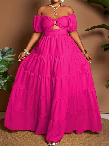 Vestito Midi a Balze da Donna Taglie Forti Spalle Scoperte Elegante Intaglio Manica a Sbuffo Tinta Unita Vacanze Estive