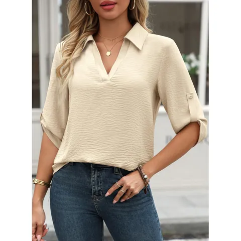 Blusa con Cuello en V para Mujer Manga Tres Cuartos Color Sólido Texturizada Ajuste Holgado Túnica Casual Top Camisa de Poliéster