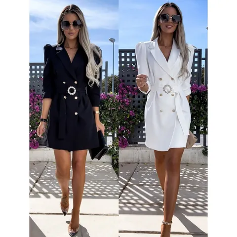 Women's European Fashion Blazer Mini Dress Puff Sleeve Double Breasted Belted Mini Dress Elegant Professional Office Dress
