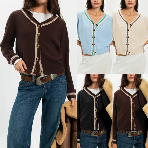Cárdigan de Punto para Mujer con Cuello en V y Botones Contraste de Bloques de Color a Rayas Ajuste Holgado Suéter de Manga Larga Chaqueta Casual