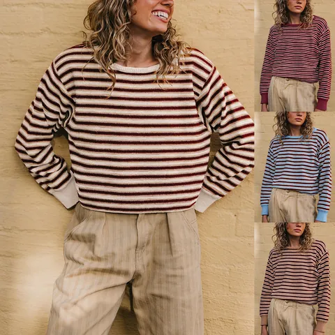 Women Striped Round Neck Long Sleeve Knit Sweater Loose Crop Top Pullover Casual Streetwear Soft Warm Autumn Winter Knitwear