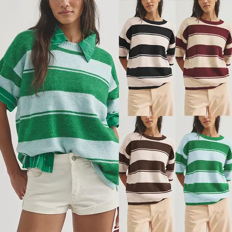 Damen Gestreifter Kurzarm Strickpullover Lockerer Rundhalsausschnitt Farbblock Strick T-Shirt Top Für Herbst Winter Casual Urlaub