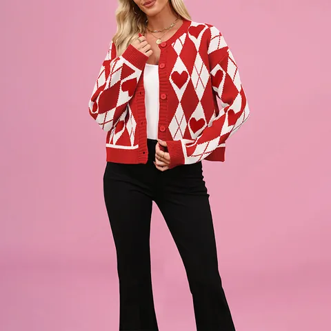 Gilet en Tricot Vintage Argyle Cœur pour Femmes Acrylique Motif de Cœur Jacquard Colorblock Pull à Manches Longues Boutonné Ample