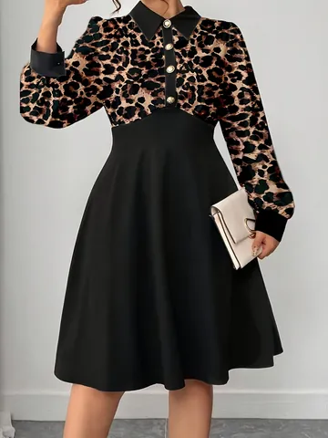 Women Plus Size Leopard Print Patchwork Dress Elegant Polo Neck Long Sleeve Midi A-Line Dress Casual Autumn Clothes