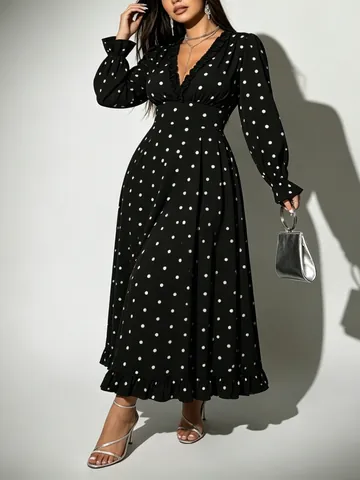 Women Plus Size Elegant V Neck Polka Dot Midi Dress Patchwork Ruffle Hem Long Sleeve Autumn Polyester Spandex Dress For Party Daily