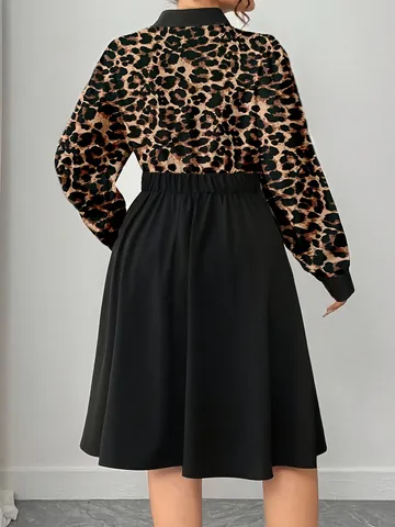 Women Plus Size Leopard Print Patchwork Dress Elegant Polo Neck Long Sleeve Midi A-Line Dress Casual Autumn Clothes