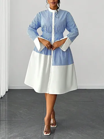 Women Plus Size Elegant Striped Patchwork Color Block Dress Long Sleeve Polo Collar Midi Contrast Color Dress