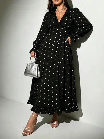 Women Plus Size Elegant V Neck Polka Dot Midi Dress Patchwork Ruffle Hem Long Sleeve Autumn Polyester Spandex Dress For Party Daily