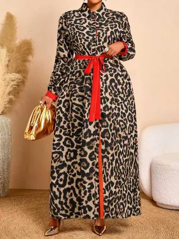 Women Plus Size Leopard Print Polo Neck Midi Dress With Red Patchwork Long Sleeve Elegant Waist Tie Belt Autumn Fashion Dress
