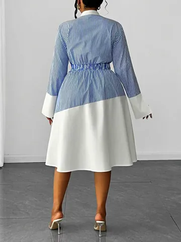 Women Plus Size Elegant Striped Patchwork Color Block Dress Long Sleeve Polo Collar Midi Contrast Color Dress