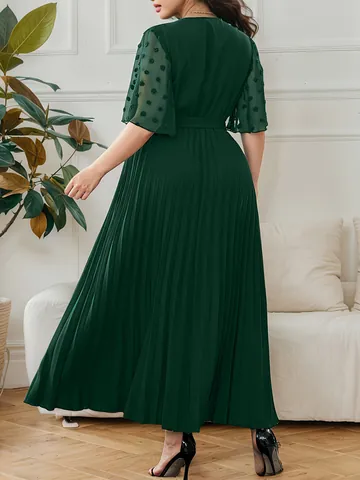 Plus Size Polyester Elegant V-Neck Pleated Patchwork Dress For Women Mesh Polka Dot Sleeve Summer Midi Dress Printed Casual Robe