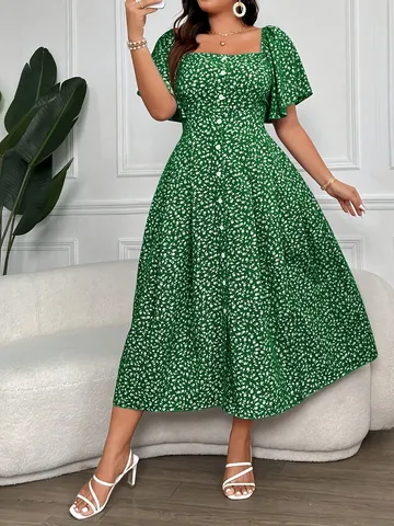 Vestido Midi de Talla Grande para Mujer con Estampado Floral Cuello Cuadrado Manga Corta Botones Cintura Ajustada Elegante Vacaciones Poliéster