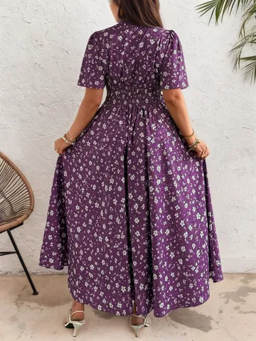 Damen Übergröße Blumen Midi Kleid V-Ausschnitt Elastische Taille Kurzarm Polyester Elegant Sommer Urlaub A-Linie Kleid
