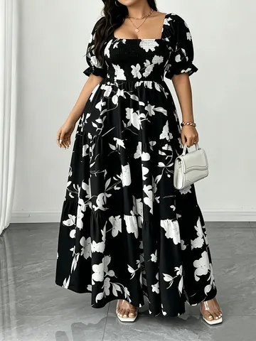 Abito Midi da Donna Taglie Forti con Stampa Floreale Scollo Quadrato Punto Smock Maniche a Sbuffo a Balze per Vacanza