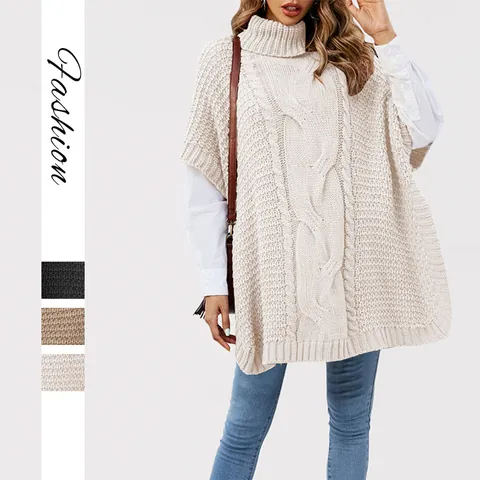 Women's High Neck Cable Knit Poncho Sweater Vest Loose Thick Sleeveless Pullover Acrylic Knitwear For Fall Winter