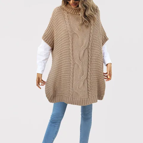 Women's High Neck Cable Knit Poncho Sweater Vest Loose Thick Sleeveless Pullover Acrylic Knitwear For Fall Winter
