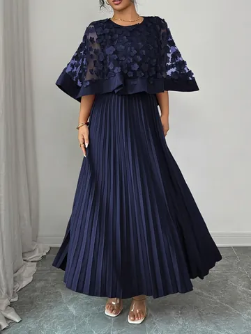 Dames Grote Maten Elegante Gaas Cape Patchwork Midi Jurk 3D Floral Geplooid A-lijn Feest Bruiloft Zomerjurk