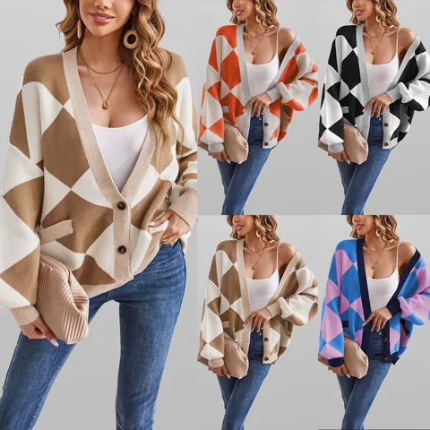 Women's V-Neck Argyle Cardigan Loose Knit Contrast Color Long Sleeve Lantern Sleeve Button Down Sweater Top