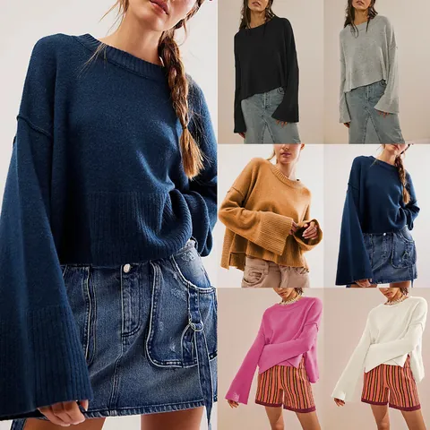 Women Round Neck Bell Sleeve Knit Sweater Casual Loose Pullover Top Solid Color Long Sleeve Jumper For Autumn Winter