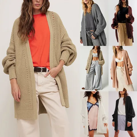 Damen Übergroße Strickjacke Pullover Jacke V-Ausschnitt Laternenärmel Acryl Locker Lange Oberbekleidung Mit Taschen