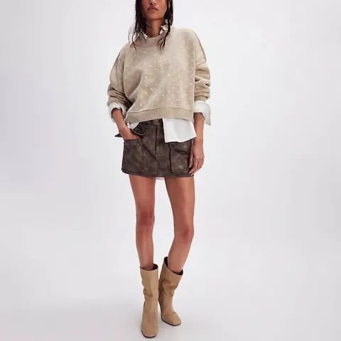 Women's Loose Cropped Butterfly Jacquard Knitted Sweater Round Neck Long Sleeve Acrylic Pullover Streetwear Casual Top