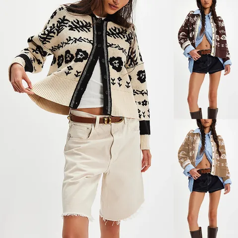 Women Casual Loose Jacquard Floral Knit Cardigan Square Neck Button Down Sweater Jacket Contrast Color Long Sleeve Top