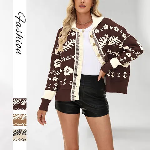 Women Retro Viscose Blend Thick Knit Cardigan Sweater Loose Square Neck Floral Jacquard Single Breasted Fashion Outerwear Top