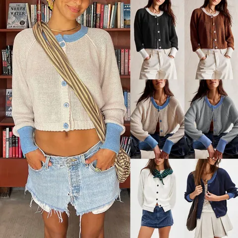 Damen Rundhals Kontrastfarbe Strickjacke Viskosemischung Einreihige Schlanke Passform Kurz Geschnittener Pullover Oberbekleidung Top