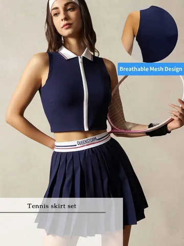 Women Nylon Spandex Tennis Badminton Sport Top And Bottom Sleeveless Quarter Zip Mesh Back Quick Dry Pleated Skirt