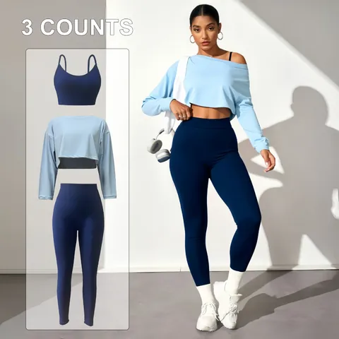 Ensemble de Yoga 3 Pièces Sans Couture pour Femmes Tenues d'Entraînement Soutien-Gorge de Sport Leggings Taille Haute Top Court